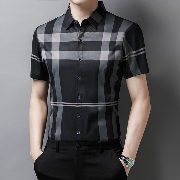 Plaid Shirt Men High Quality Silk Summer Short sleeve Casual Shirts