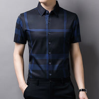 Plaid Shirt Men High Quality Silk Summer Short sleeve Casual Shirts