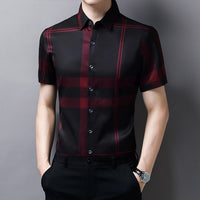 Plaid Shirt Men High Quality Silk Summer Short sleeve Casual Shirts