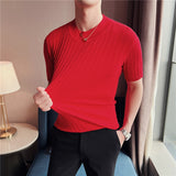 Knitted Elasticity T Shirt Men Half High Collar Short Sleeve Casual Slim Fit Sweater