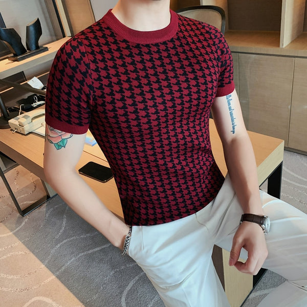 British Men Plaid Contrast Knitted T-Shirt Breathable Pullover Short Sleeve