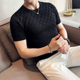 Casual Short Sleeve T-shirt/Male Slim Fit Plaid  Knit