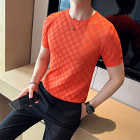 Casual Short Sleeve T-shirt/Male Slim Fit Plaid  Knit