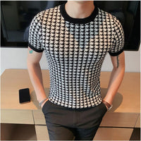 British Men Plaid Contrast Knitted T-Shirt Breathable Pullover Short Sleeve