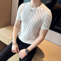 Casual Short Sleeve T-shirt/Male Slim Fit Plaid  Knit