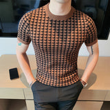 British Men Plaid Contrast Knitted T-Shirt Breathable Pullover Short Sleeve