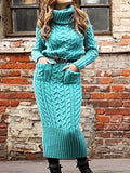 Long Sleeve High Collar Pullover Pocket Knitted Sweater Dress