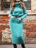 Long Sleeve High Collar Pullover Pocket Knitted Sweater Dress