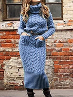 Long Sleeve High Collar Pullover Pocket Knitted Sweater Dress