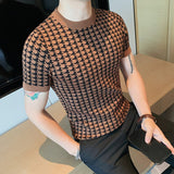 British Men Plaid Contrast Knitted T-Shirt Breathable Pullover Short Sleeve