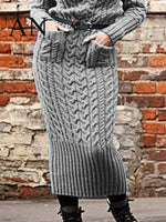 Long Sleeve High Collar Pullover Pocket Knitted Sweater Dress