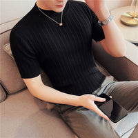 Knitted Elasticity T Shirt Men Half High Collar Short Sleeve Casual Slim Fit Sweater