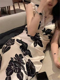 Sexy  Evening Party Ladies Elegant Vintage Flower Satin Midi Dress