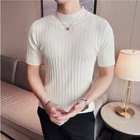 Knitted Elasticity T Shirt Men Half High Collar Short Sleeve Casual Slim Fit Sweater