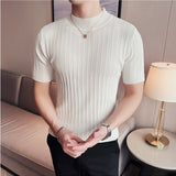 Knitted Elasticity T Shirt Men Half High Collar Short Sleeve Casual Slim Fit Sweater