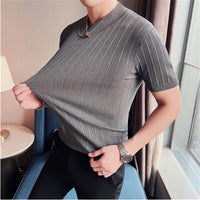 Knitted Elasticity T Shirt Men Half High Collar Short Sleeve Casual Slim Fit Sweater