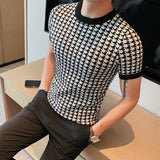 British Men Plaid Contrast Knitted T-Shirt Breathable Pullover Short Sleeve