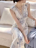 Sexy  Evening Party Ladies Elegant Vintage Flower Satin Midi Dress