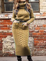 Long Sleeve High Collar Pullover Pocket Knitted Sweater Dress