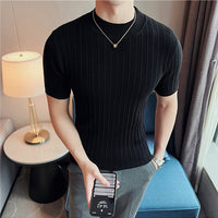 Knitted Elasticity T Shirt Men Half High Collar Short Sleeve Casual Slim Fit Sweater