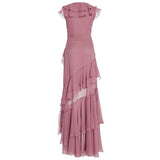 Light Luxury Pink Women  Ruffles High Waist Slim dress