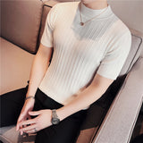 Knitted Elasticity T Shirt Men Half High Collar Short Sleeve Casual Slim Fit Sweater