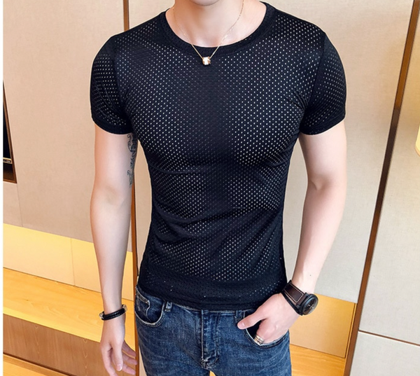 Men's Sexy Transparent Mesh T-shirts Male Short Sleeve Hollow - Namata Newyork