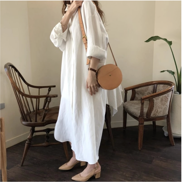 Women Long Sleeve Shirt Dress  White Blue Cotton Dresses - Namata Newyork