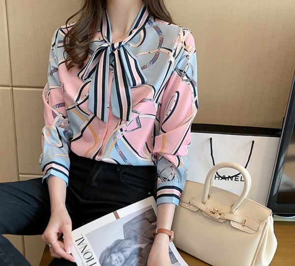 Vintage Print Office Lady Blouse Female Shirt