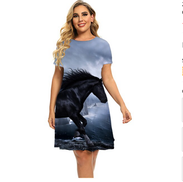 Horse 3D Printed Short Sleeve Loose White Dress Summer Casual Dress