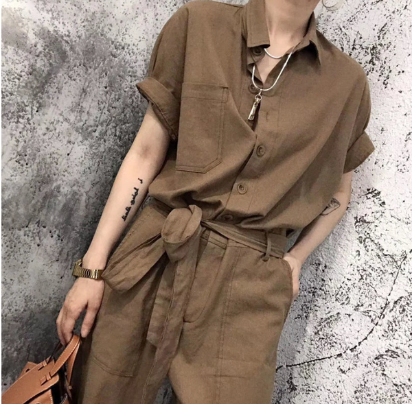 Buttons Solid Color Turn-down Collar High Waist Cargo Female Street Casual Pocketet Jumpsuits Women Clothes Vintage