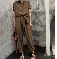 Buttons Solid Color Turn-down Collar High Waist Cargo Female Street Casual Pocketet Jumpsuits Women Clothes Vintage