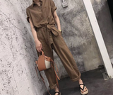 Buttons Solid Color Turn-down Collar High Waist Cargo Female Street Casual Pocketet Jumpsuits Women Clothes Vintage