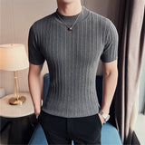 Knitted Elasticity T Shirt Men Half High Collar Short Sleeve Casual Slim Fit Sweater