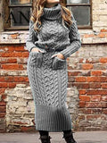 Long Sleeve High Collar Pullover Pocket Knitted Sweater Dress