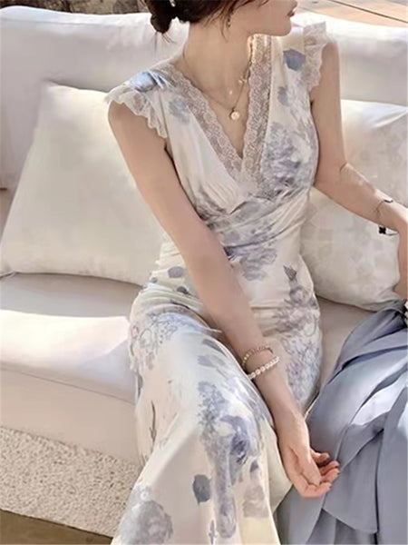 Sexy  Evening Party Ladies Elegant Vintage Flower Satin Midi Dress