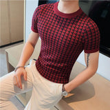 British Men Plaid Contrast Knitted T-Shirt Breathable Pullover Short Sleeve