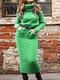 Long Sleeve High Collar Pullover Pocket Knitted Sweater Dress