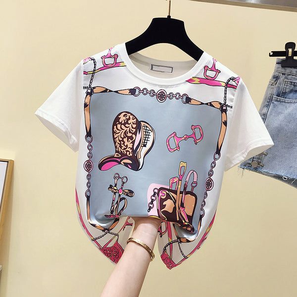 Print Short Sleeve  Women O-neck White  Shirt