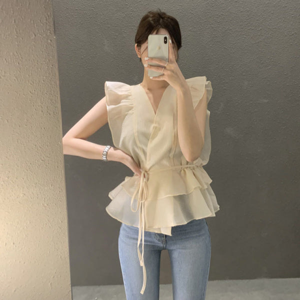 Women Fashion Ruffled Chiffon Shirt Chic V-neck Sleeveless Blouse