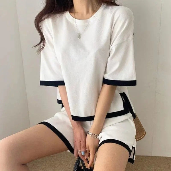 Women Tracksuit Knitted Suit Summer Short Trouser+short Sleeve