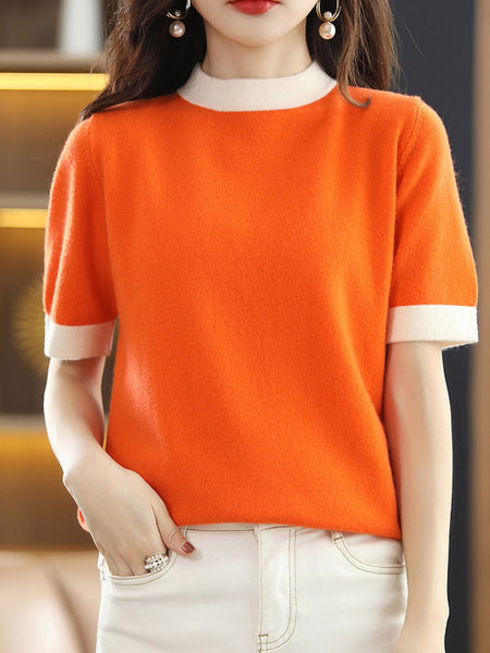 O-neck pullover 100% pure wool T-shirt short-sleeved color