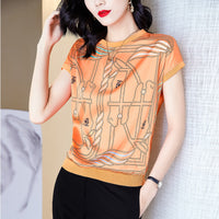 Print Orange  Shirts Women Print Satin Short Sleeve summer Top