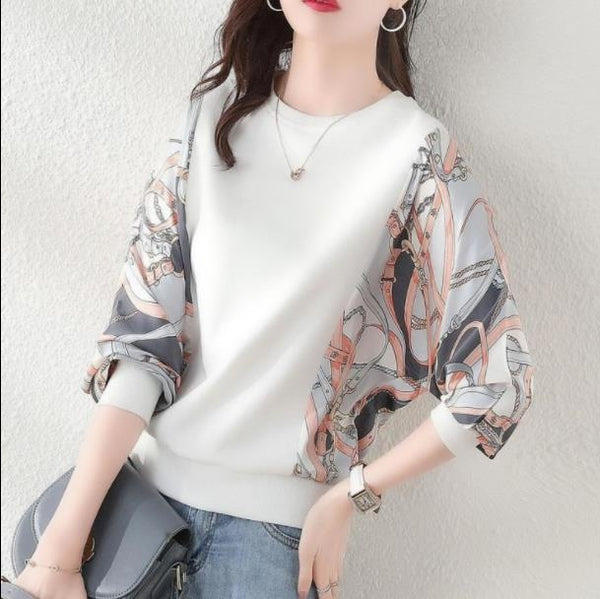 Women knitted pullovers tops  print sleeve white sweaters