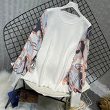 Women knitted pullovers tops  print sleeve white sweaters