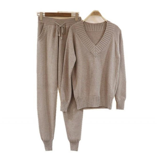 Sweater Knitted Suit Two Piece Set Women Tracksuits Winter Warm Women V-neck Swester