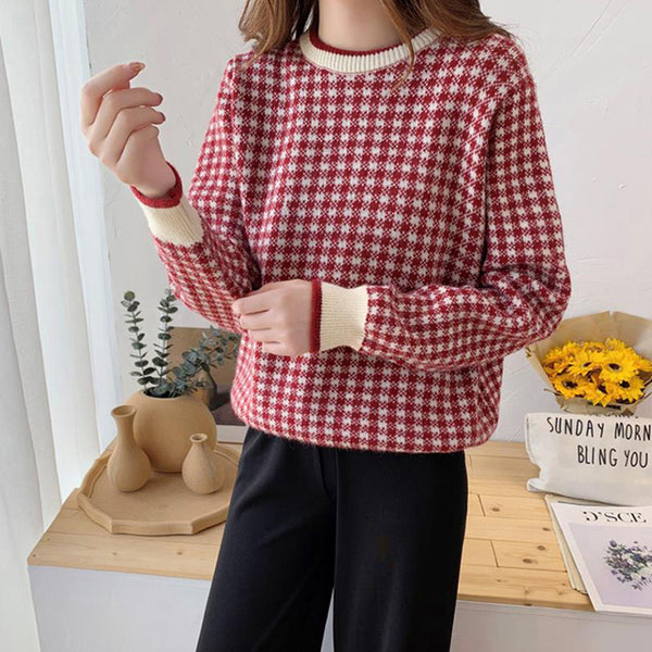 O-Neck Plaid Knitted Sweater Women