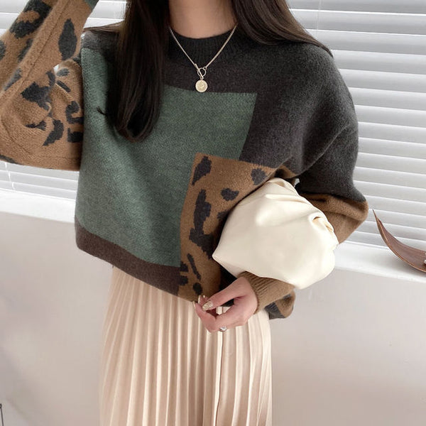 Winter Women Vintage Leopard Patchwork Sweater